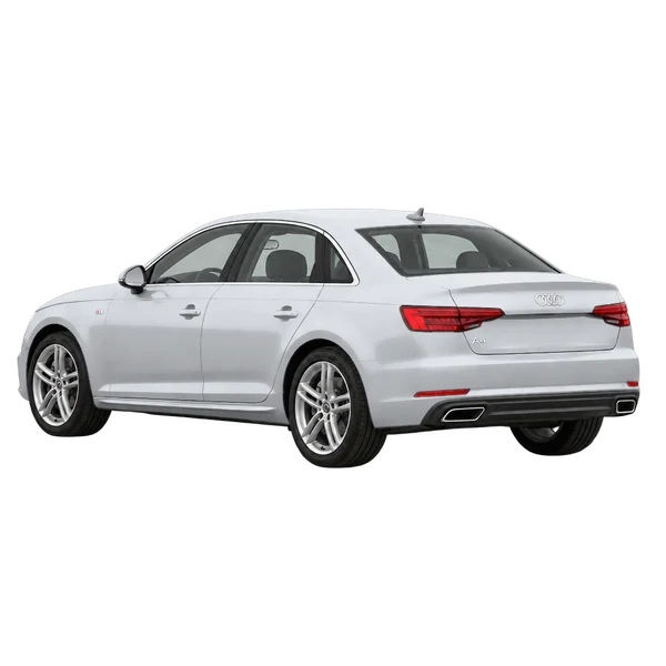 Audi A4 2018 باللون فضي، منظر ثلاثة أرباع خلفي (باتجاه اليسار)