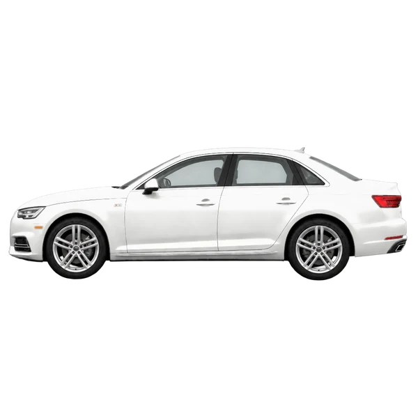 Audi A4 2018 باللون أبيض، منظر جانبي (متجه إلى اليسار)