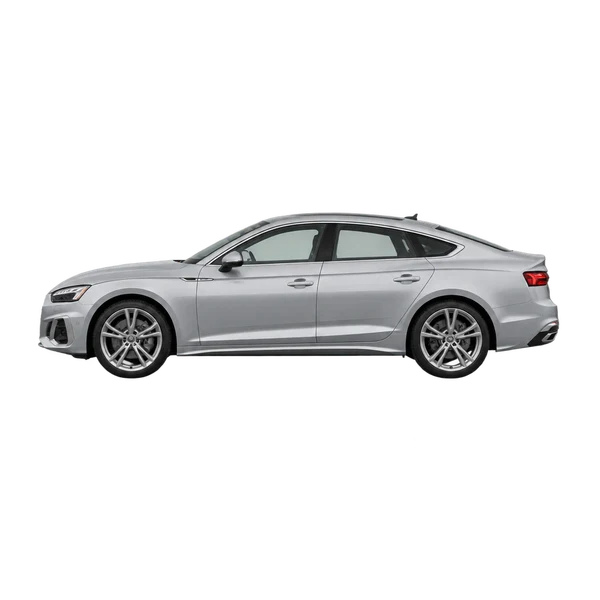 Audi A5 Sportback 2023 باللون فضي، منظر جانبي (متجه إلى اليسار)