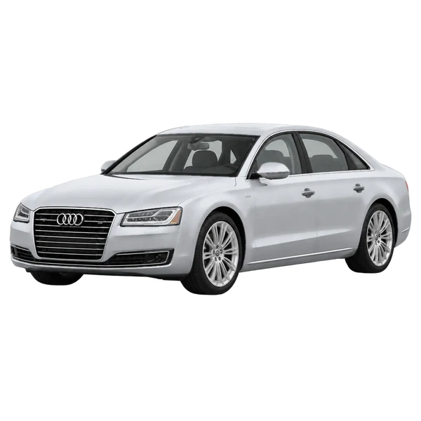 Audi A8 Hybrid 2015 باللون فضي، منظر منظر أمامي بزاوية ثلاثة أرباع (متجه لليسار)