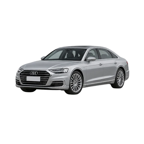 2021 Audi A8 L e in Silber, Ansicht: Dreiviertelansicht vorne (nach links gerichtet)