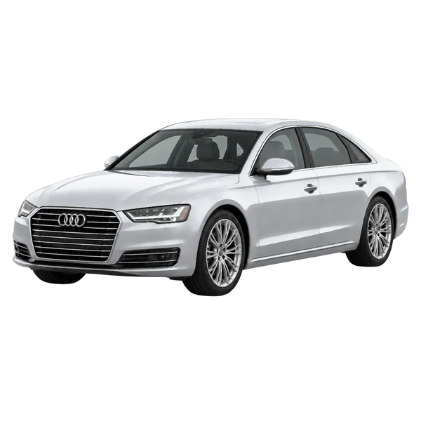 Audi A8 L 2017 باللون فضي، منظر منظر أمامي بزاوية ثلاثة أرباع (متجه لليسار)