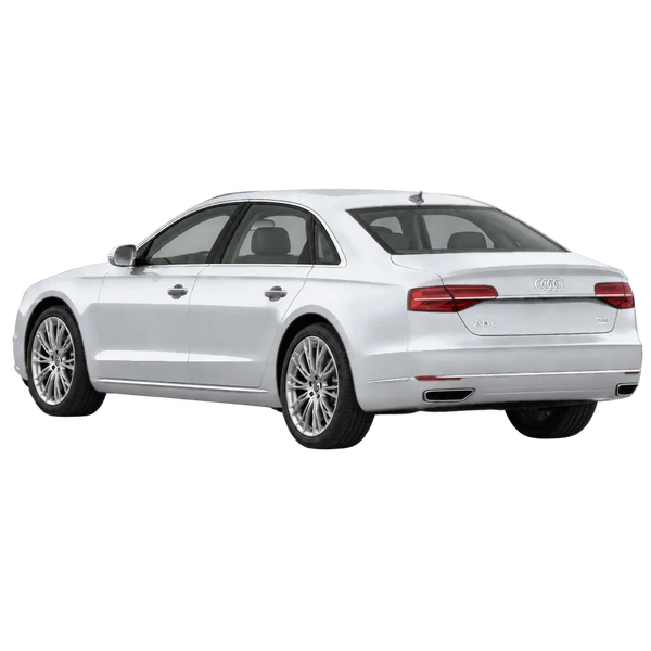 Audi A8 L 2017 باللون فضي، منظر ثلاثة أرباع خلفي (باتجاه اليسار)