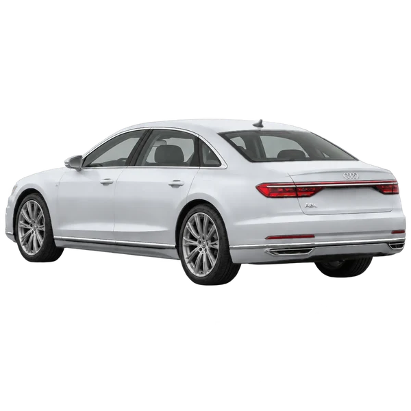 Audi A8 L 2020 باللون فضي، منظر ثلاثة أرباع خلفي (باتجاه اليسار)