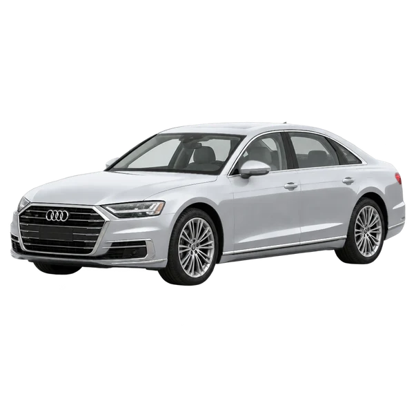 Audi A8 L 2021 باللون فضي، منظر منظر أمامي بزاوية ثلاثة أرباع (متجه لليسار)