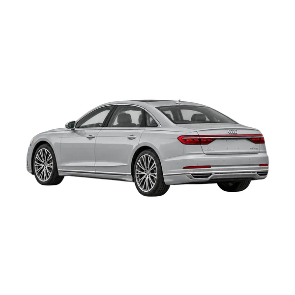 Audi A8 L 2021 باللون فضي، منظر ثلاثة أرباع خلفي (باتجاه اليسار)