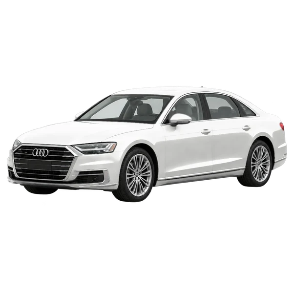 Audi A8 L 2021 باللون أبيض، منظر منظر أمامي بزاوية ثلاثة أرباع (متجه لليسار)