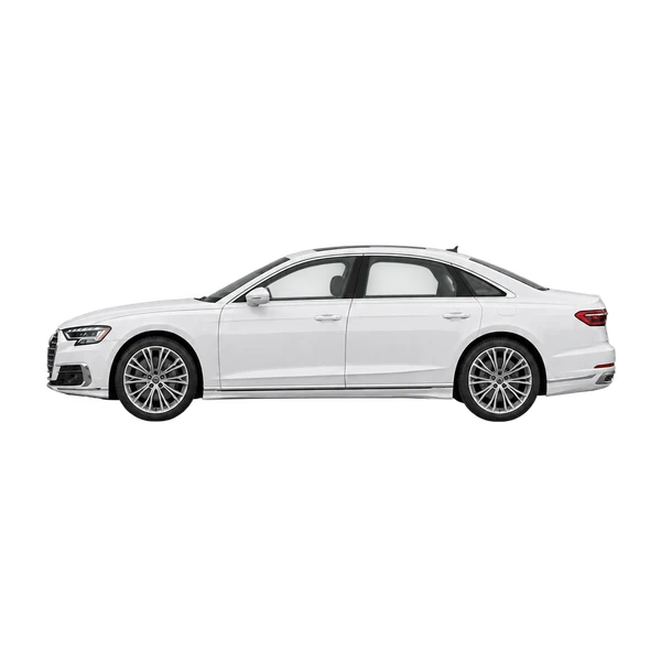Audi A8 L 2021 باللون أبيض، منظر جانبي (متجه إلى اليسار)