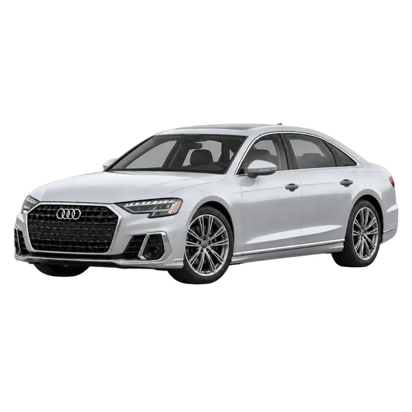 Audi A8 quattro 2027 argent, vue trois-quarts avant (orienté vers la gauche)