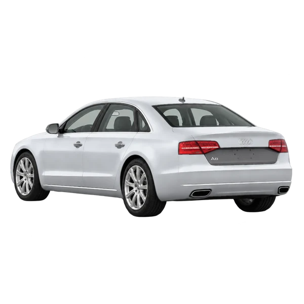 Audi A8 2015 باللون فضي، منظر ثلاثة أرباع خلفي (باتجاه اليسار)