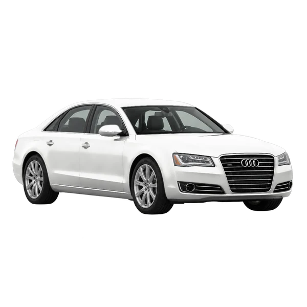 Audi A8 2017 باللون أبيض، منظر منظر أمامي بزاوية ثلاثة أرباع (متجه لليسار)