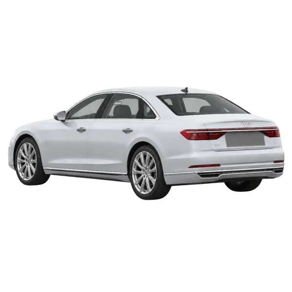Audi A8 2021 باللون فضي، منظر ثلاثة أرباع خلفي (باتجاه اليسار)