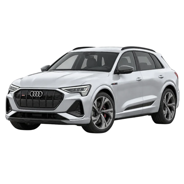 Audi E-Tron S 2021 prata, vista dianteira em três quartos (voltada para a esquerda)
