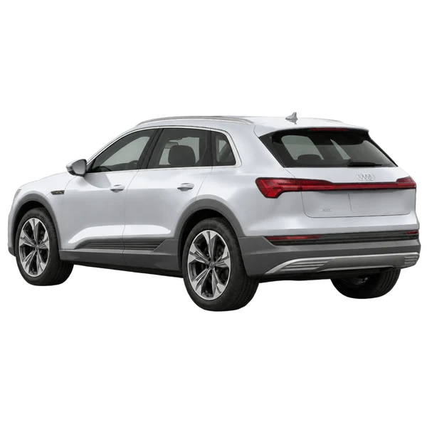 2021 Audi e-tron in Silber, Ansicht: Dreiviertelansicht von hinten (nach links gerichtet)