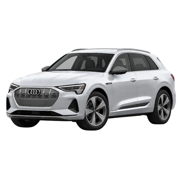 Audi e-tron 2025 prata, vista dianteira em três quartos (voltada para a esquerda)