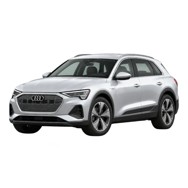2026 Audi e-tron in Silber, Ansicht: Dreiviertelansicht vorne (nach links gerichtet)
