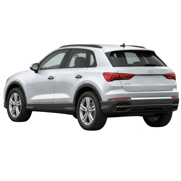 Audi Q3 Launch 2025 prata, vista três quartos traseira (voltada para a esquerda)