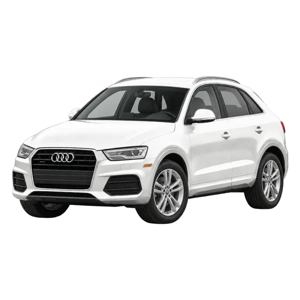 Audi Q3 2015 باللون أبيض، منظر منظر أمامي بزاوية ثلاثة أرباع (متجه لليسار)
