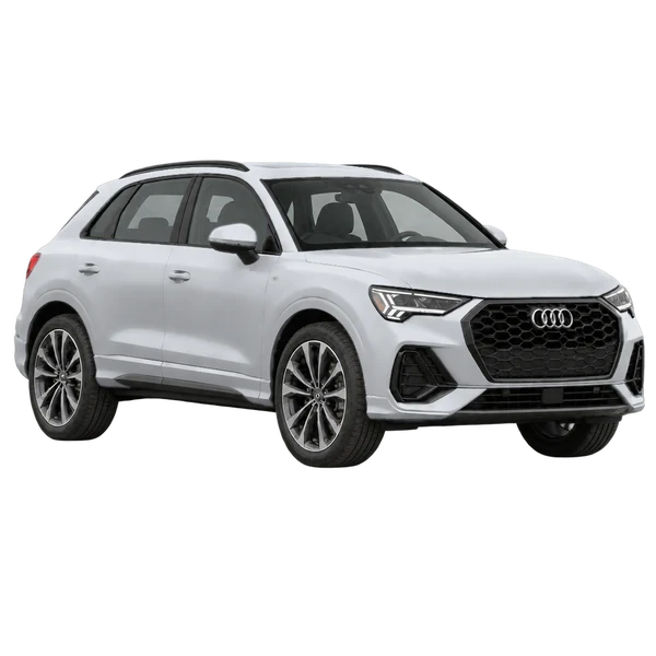 Audi Q3 2026 باللون فضي، منظر زاوية ثلاثة أرباع أمامية (باتجاه اليمين)