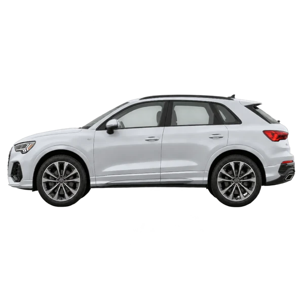Audi Q3 2026 باللون فضي، منظر جانبي (متجه إلى اليسار)