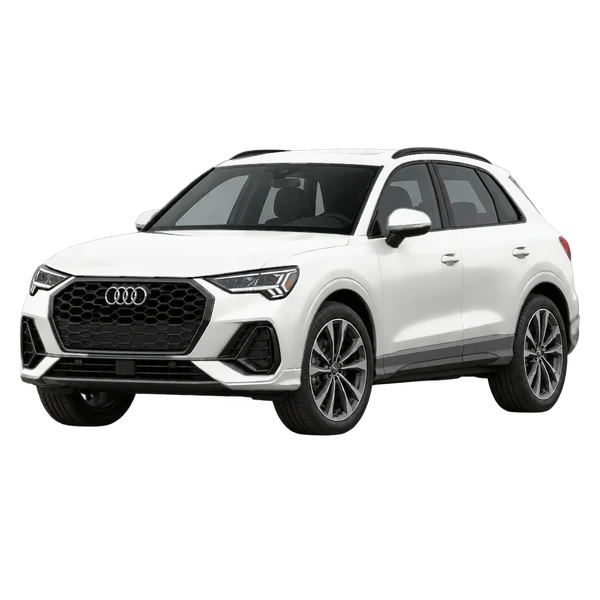 Audi Q3 2026 باللون أبيض، منظر منظر أمامي بزاوية ثلاثة أرباع (متجه لليسار)