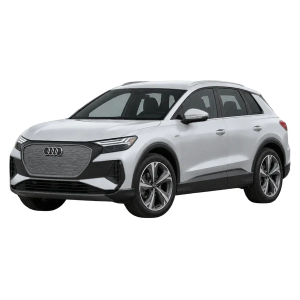 Audi Q4 45 e-tron 2025 prata, vista dianteira em três quartos (voltada para a esquerda)