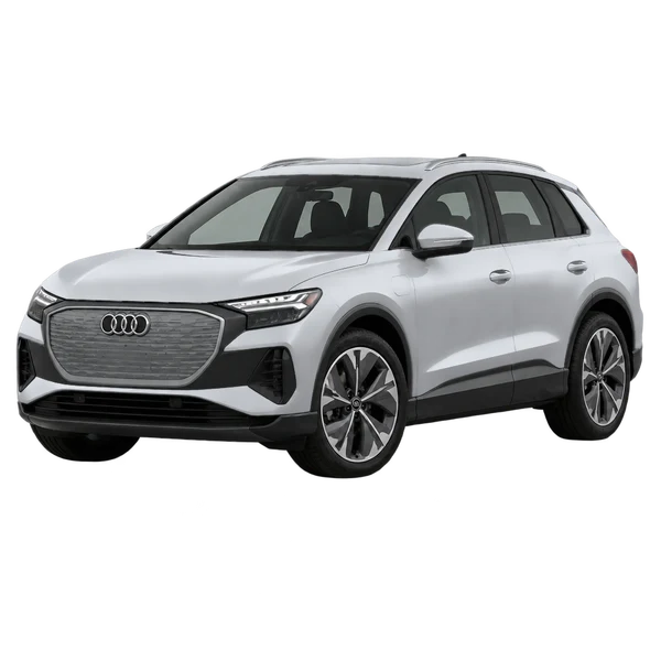 Audi Q4 55 E-Tron 2025 prata, vista dianteira em três quartos (voltada para a esquerda)