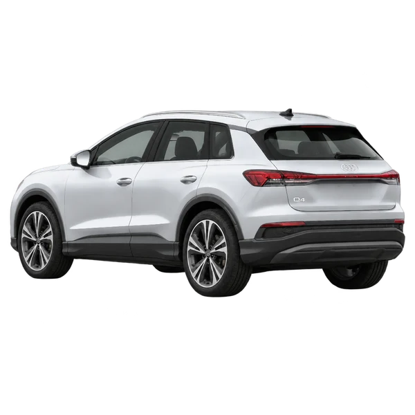 シルバーの2023 Audi Q4 e-tron（リア斜め（左向き）ビュー）