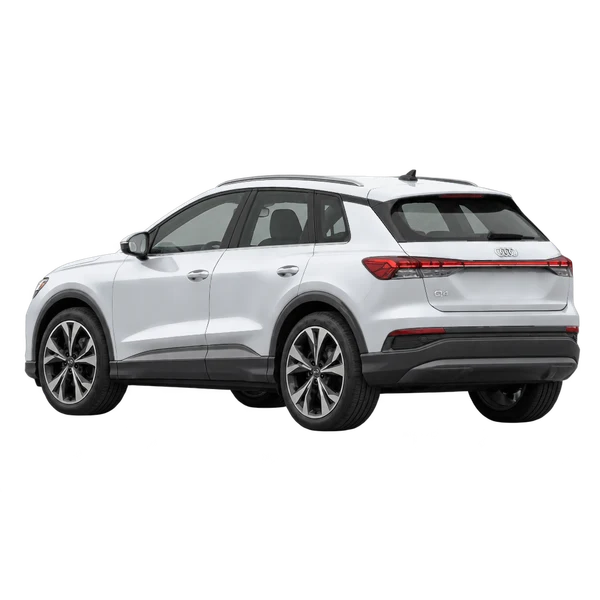 シルバーの2025 Audi Q4 e-tron（リア斜め（左向き）ビュー）