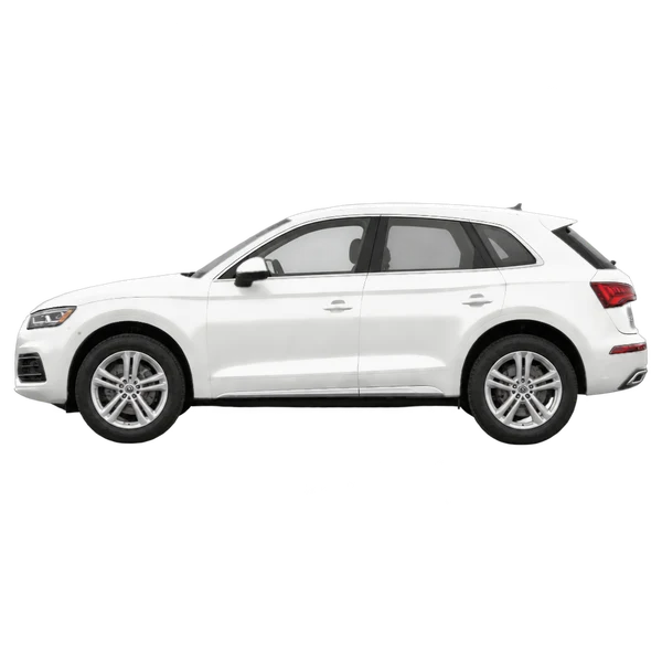 Audi Q5 2025 باللون أبيض، منظر جانبي (متجه إلى اليسار)