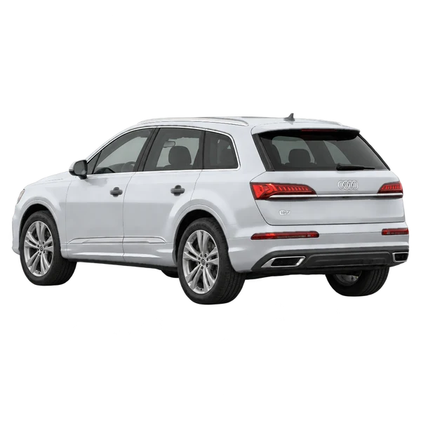 Audi Q7 2021 باللون فضي، منظر ثلاثة أرباع خلفي (باتجاه اليسار)