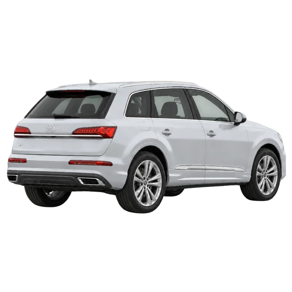 Audi Q7 2021 باللون فضي، منظر منظر خلفي بزاوية ثلاثة أرباع (باتجاه اليمين)