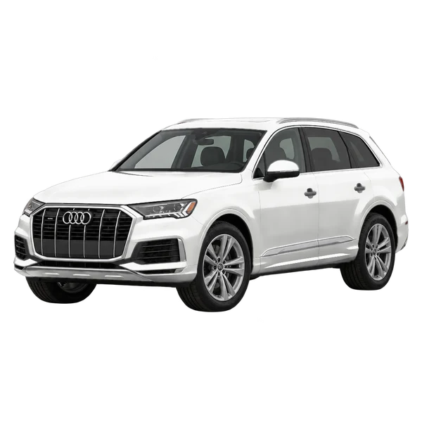 Audi Q7 2026 باللون أبيض، منظر منظر أمامي بزاوية ثلاثة أرباع (متجه لليسار)