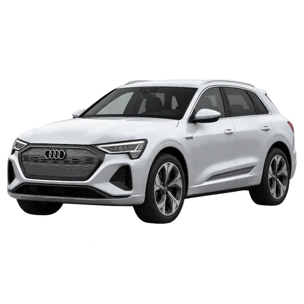 Audi Q8 E-Tron 2023 باللون فضي، منظر منظر أمامي بزاوية ثلاثة أرباع (متجه لليسار)