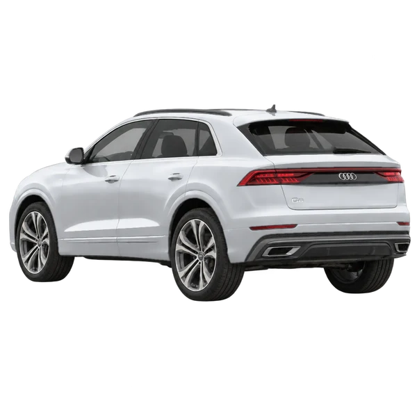 2019 Audi Q8 in Silber, Ansicht: Dreiviertelansicht von hinten (nach links gerichtet)