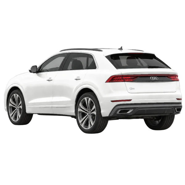 2021 Audi Q8 in weiß, Ansicht: Dreiviertelansicht von hinten (nach links gerichtet)