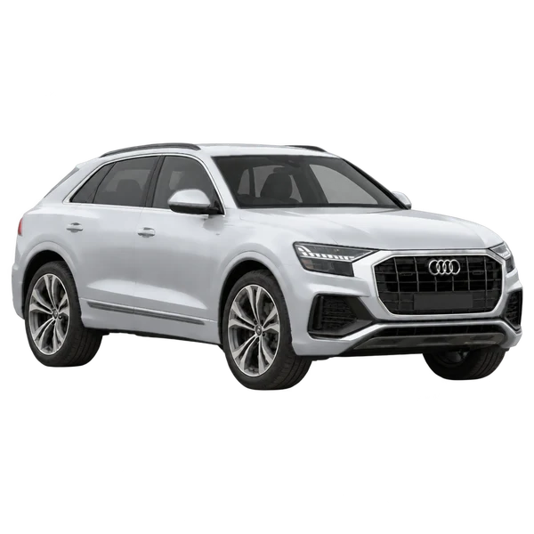 Audi Q8 2023 باللون فضي، منظر زاوية ثلاثة أرباع أمامية (باتجاه اليمين)
