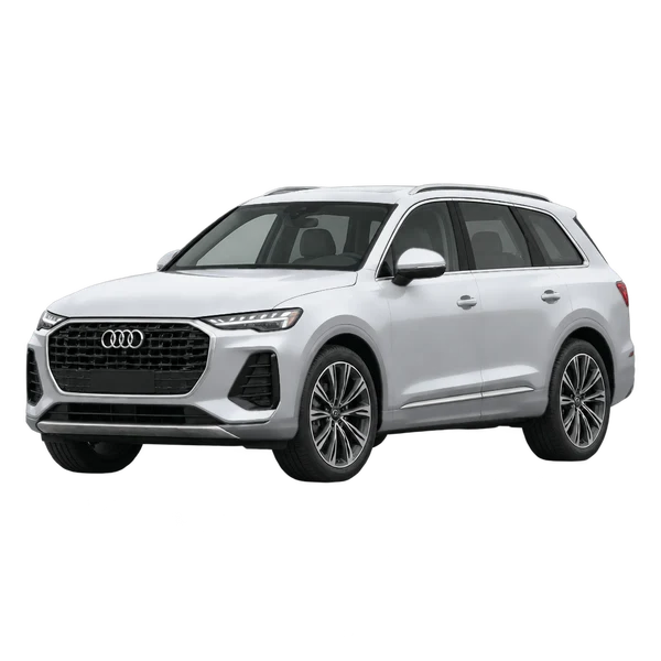 2027 Audi Q9 in Silber, Ansicht: Dreiviertelansicht vorne (nach links gerichtet)