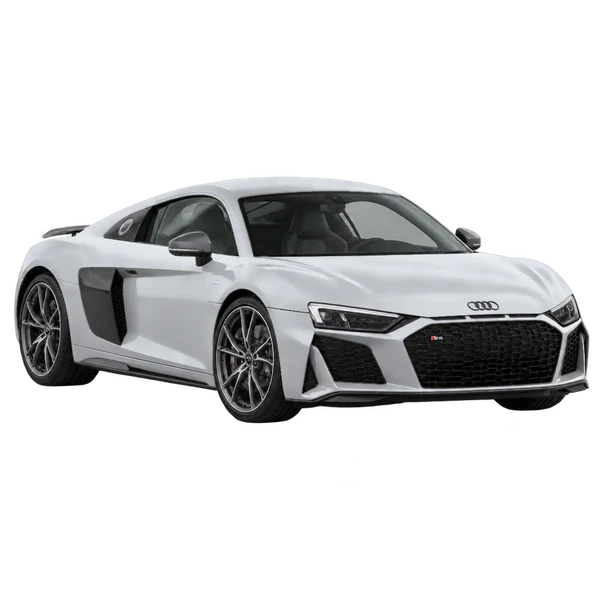 2024 Audi R8 in Silber, Ansicht: Dreiviertelansicht vorne (nach links gerichtet)