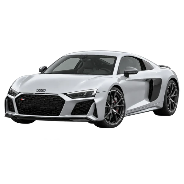 2025 Audi R8 in Silber, Ansicht: Dreiviertelansicht vorne (nach links gerichtet)