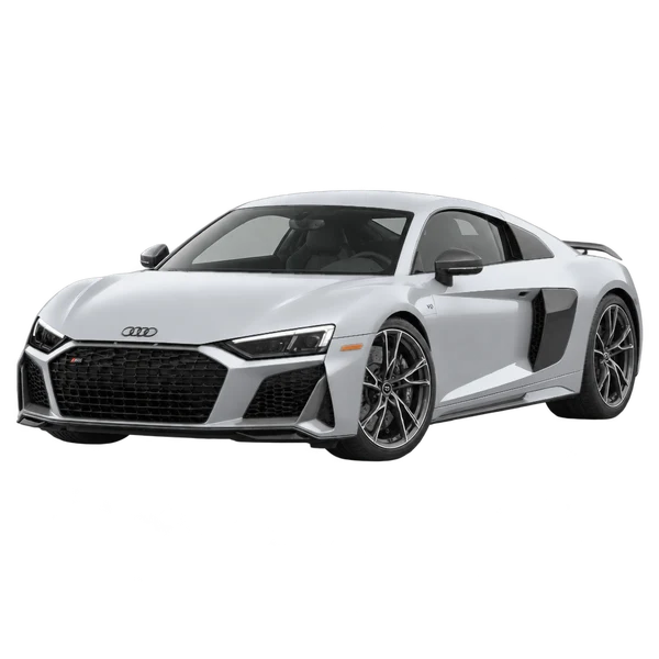 2026 Audi R8 in Silber, Ansicht: Dreiviertelansicht vorne (nach links gerichtet)
