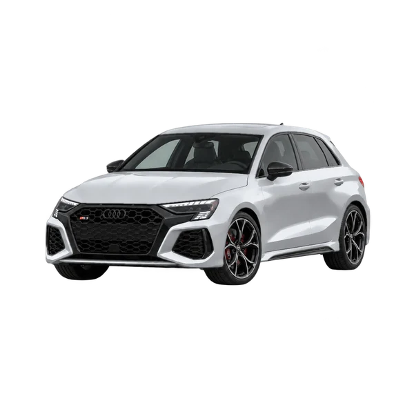 Audi RS 3 2022 باللون فضي، منظر منظر أمامي بزاوية ثلاثة أرباع (متجه لليسار)