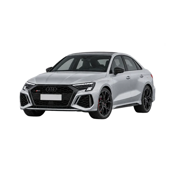 Audi RS 3 2024 باللون فضي، منظر منظر أمامي بزاوية ثلاثة أرباع (متجه لليسار)