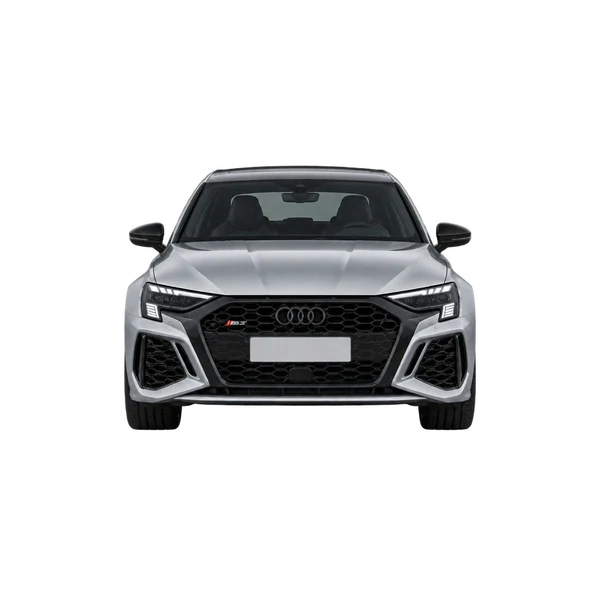 Audi RS 3 2024 باللون فضي، منظر أمامي