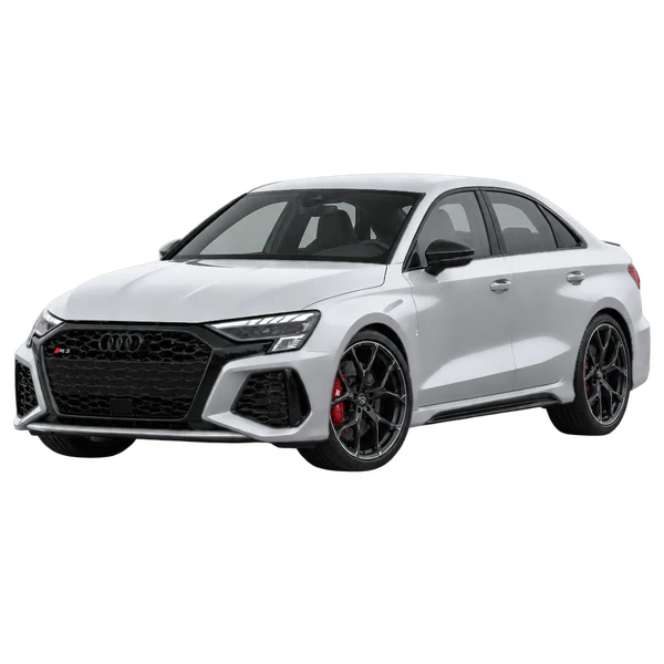 2026 Audi RS 3 in Silber, Ansicht: Dreiviertelansicht vorne (nach links gerichtet)