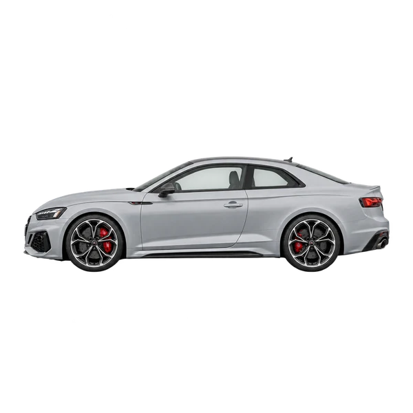 Audi RS 5 2021 باللون فضي، منظر جانبي (متجه إلى اليسار)