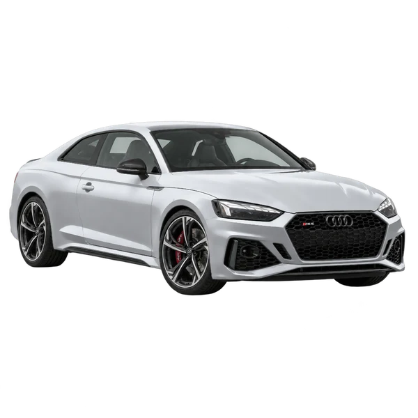 Audi RS 5 2022 باللون فضي، منظر منظر أمامي بزاوية ثلاثة أرباع (متجه لليسار)