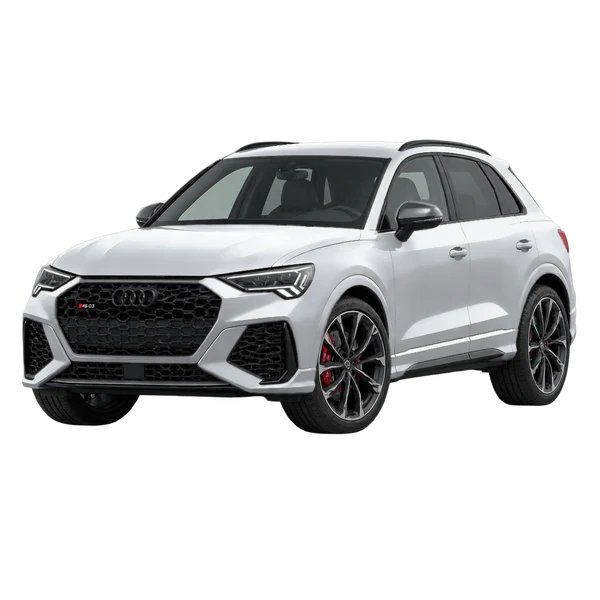Audi RS Q3 2023 prata, vista dianteira em três quartos (voltada para a esquerda)