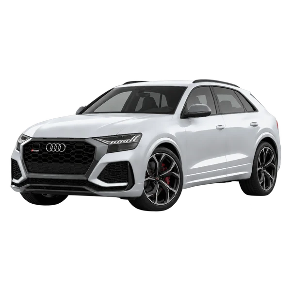Audi RS Q8 2019 prata, vista dianteira em três quartos (voltada para a esquerda)