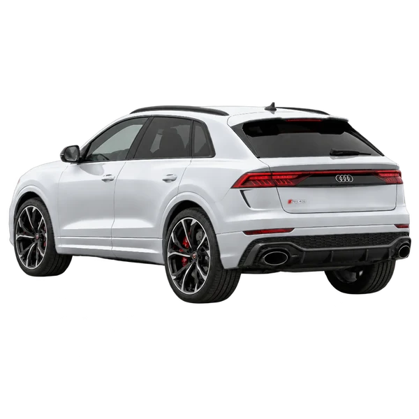2021 Audi RS Q8 in Silber, Ansicht: Dreiviertelansicht von hinten (nach links gerichtet)